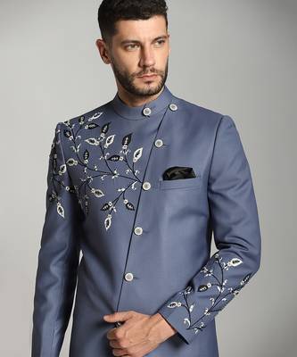 Blue cotton silk embroidered bandhgala 2