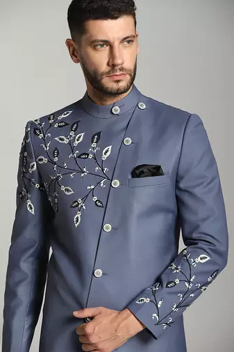 Blue cotton silk embroidered bandhgala