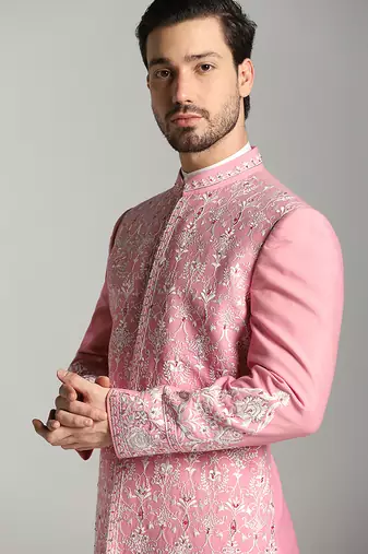 Pink poly cotton embroidered bandhgala