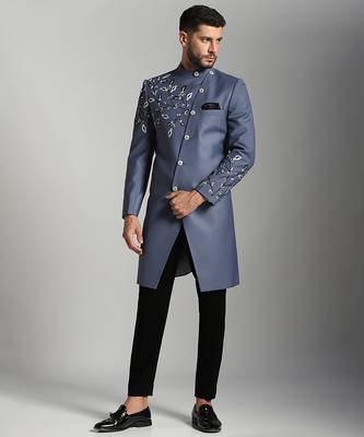 Blue cotton silk embroidered bandhgala 3