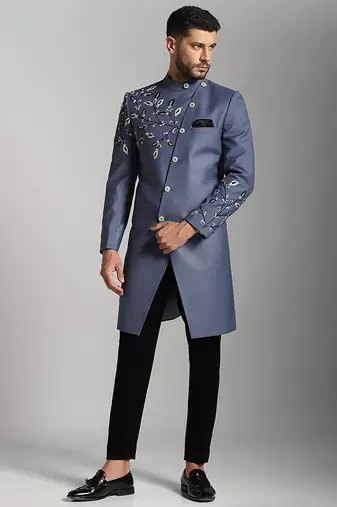 Blue cotton silk embroidered bandhgala