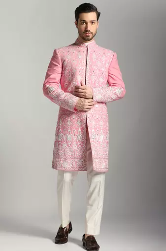 Pink poly cotton embroidered bandhgala