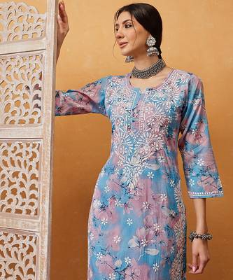 Hand embroidered floral printed blue and pink cotton lucknowi chikankari co-ord set 6