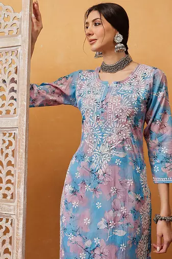 Hand embroidered floral printed blue and pink cotton lucknowi chikankari co-ord set