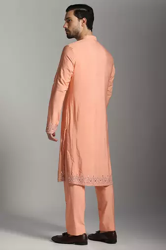 Peach poly cotton embroidered kurta pajama