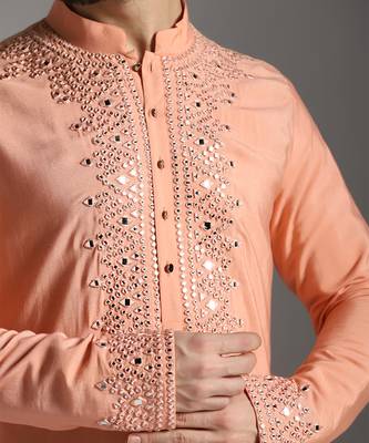Peach poly cotton embroidered kurta pajama 3