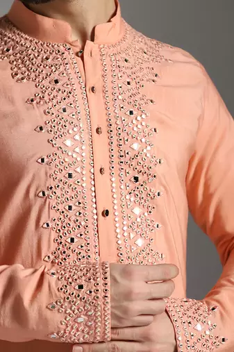 Peach poly cotton embroidered kurta pajama