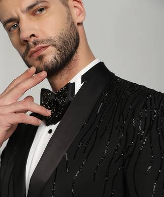 Black polyester embroidered tuxedo suit 1