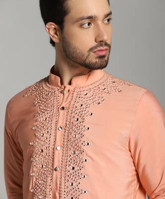 Peach poly cotton embroidered kurta pajama 4
