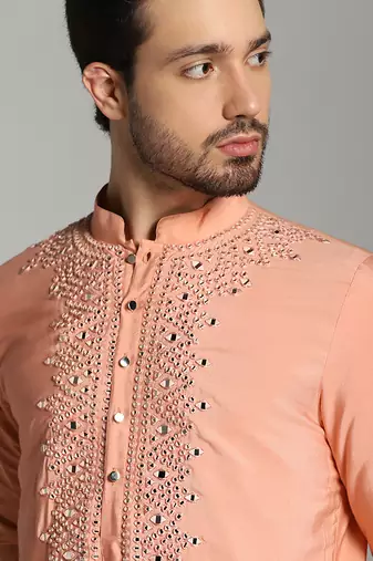 Peach poly cotton embroidered kurta pajama