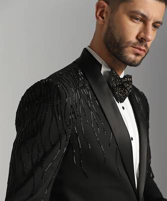 Black polyester embroidered tuxedo suit 2