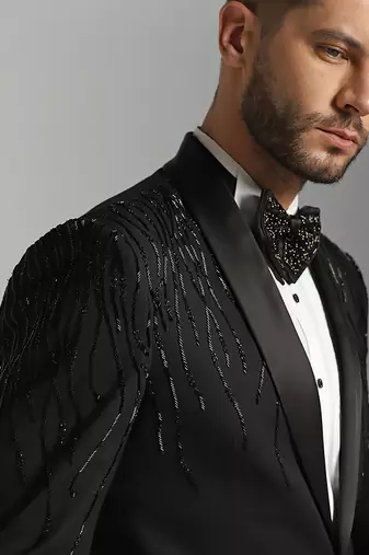 Black polyester embroidered tuxedo suit