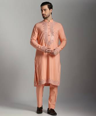 Peach poly cotton embroidered kurta pajama 1