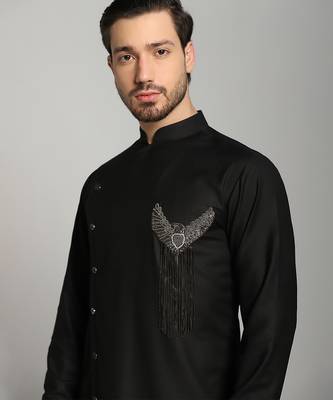 Black polyester plain kurta pajama 1