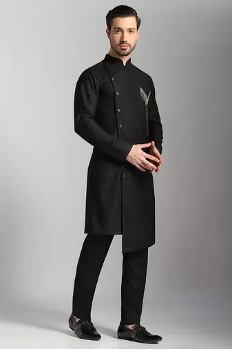 Black polyester plain kurta pajama