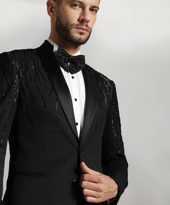 Black polyester embroidered tuxedo suit 3