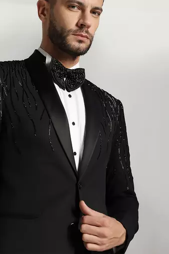 Black polyester embroidered tuxedo suit