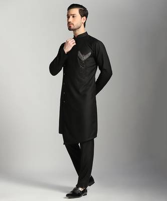 Black polyester plain kurta pajama 3