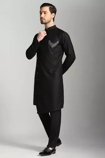 Black polyester plain kurta pajama