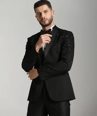Black polyester embroidered tuxedo suit 4