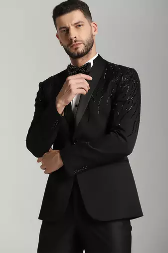 Black polyester embroidered tuxedo suit