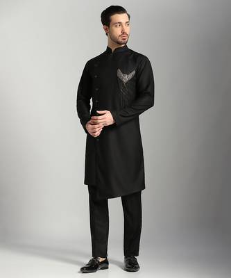 Black polyester plain kurta pajama 4