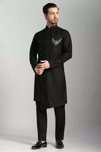 Black polyester plain kurta pajama