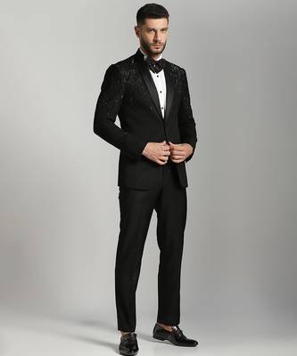 Black polyester embroidered tuxedo suit 5