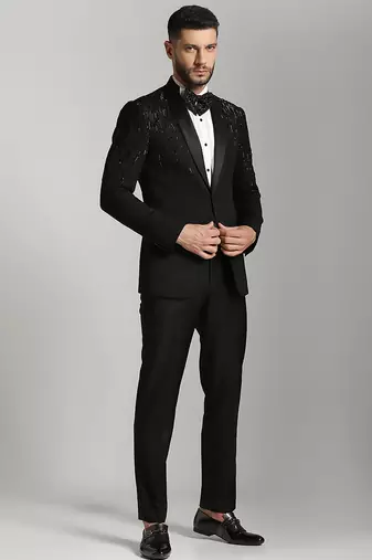 Black polyester embroidered tuxedo suit