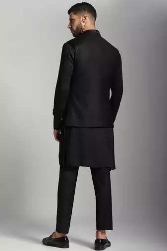 Black cotton plain nehru jacket
