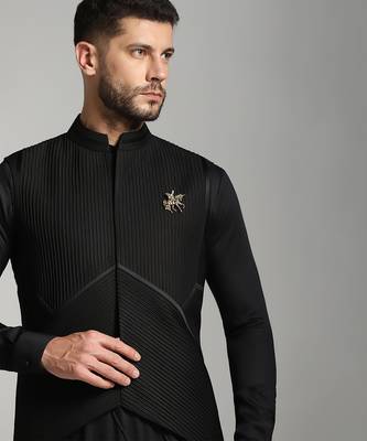 Black cotton plain nehru jacket 3