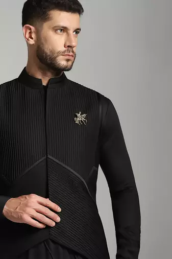 Black cotton plain nehru jacket