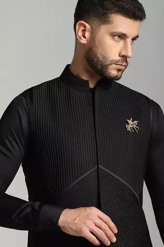 Black cotton plain nehru jacket