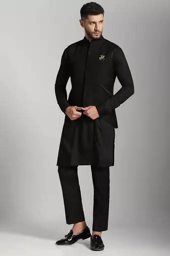 Black cotton plain nehru jacket