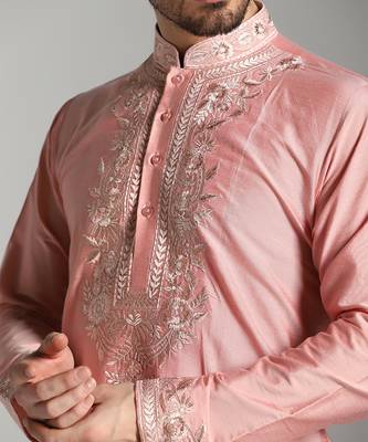 Pink poly cotton embroidered kurta pajama 1