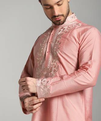 Pink poly cotton embroidered kurta pajama 2