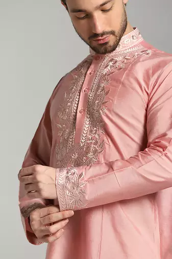 Pink poly cotton embroidered kurta pajama
