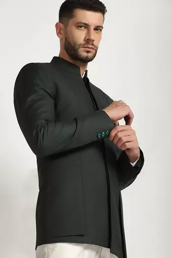 Green polyester plain bandhgala