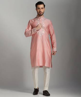 Pink poly cotton embroidered kurta pajama 3