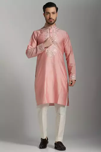 Pink poly cotton embroidered kurta pajama