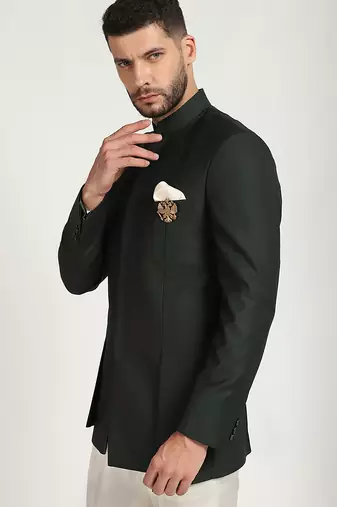 Green polyester plain bandhgala