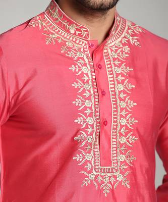 Pink poly cotton embroidered kurta pajama 1