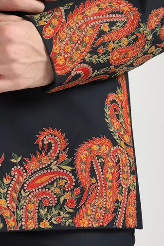 Blue polyester embroidered bandhgala