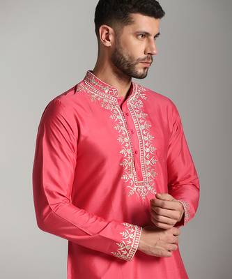 Pink poly cotton embroidered kurta pajama 2