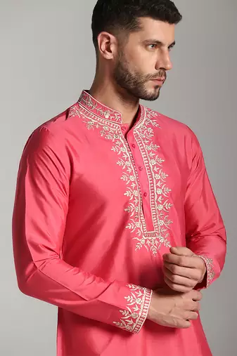 Pink poly cotton embroidered kurta pajama