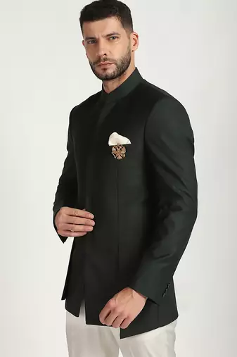 Green polyester plain bandhgala