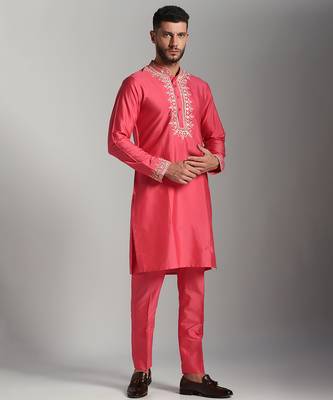 Pink poly cotton embroidered kurta pajama 3