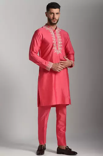 Pink poly cotton embroidered kurta pajama