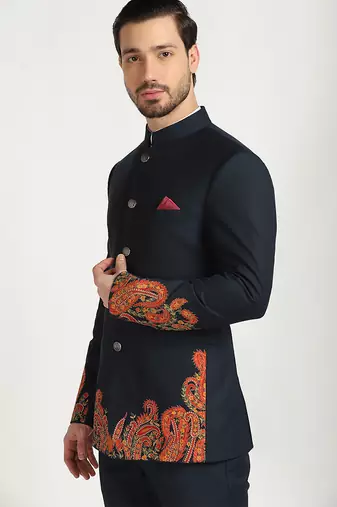 Blue polyester embroidered bandhgala