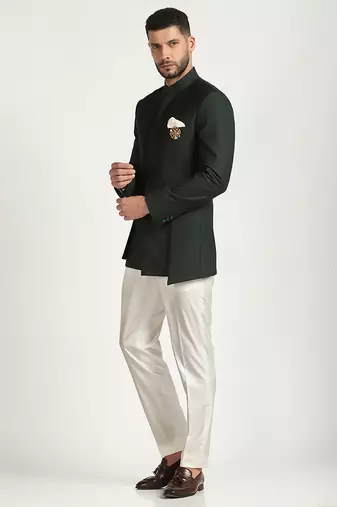 Green polyester plain bandhgala